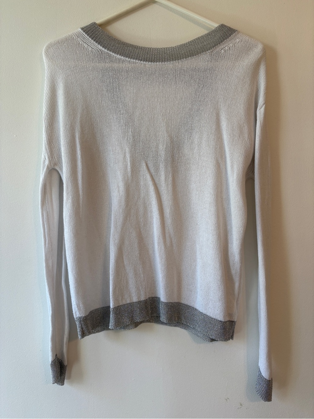 Michael Kors White Knit Sweater Metallic Silver Trim Open Back Size M - Picture 3 of 9
